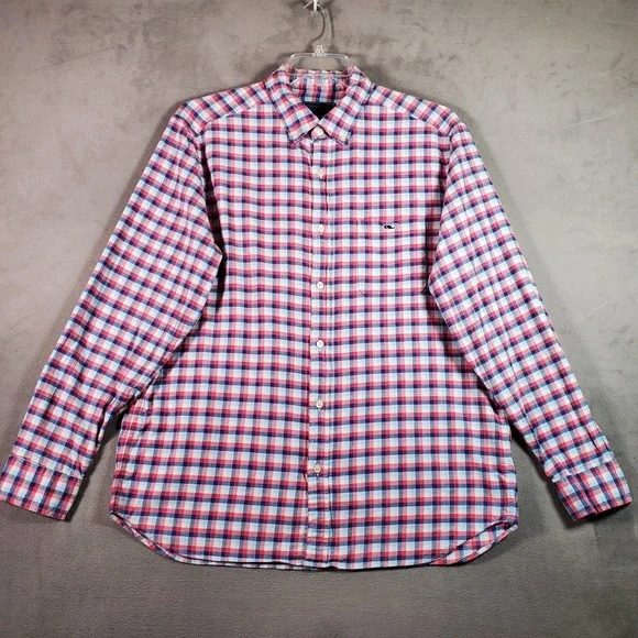 Vineyard Vines Shirt Mens L Pink White Blue Plaid Flannel Classic Fit Preppy - Picture 2 of 9